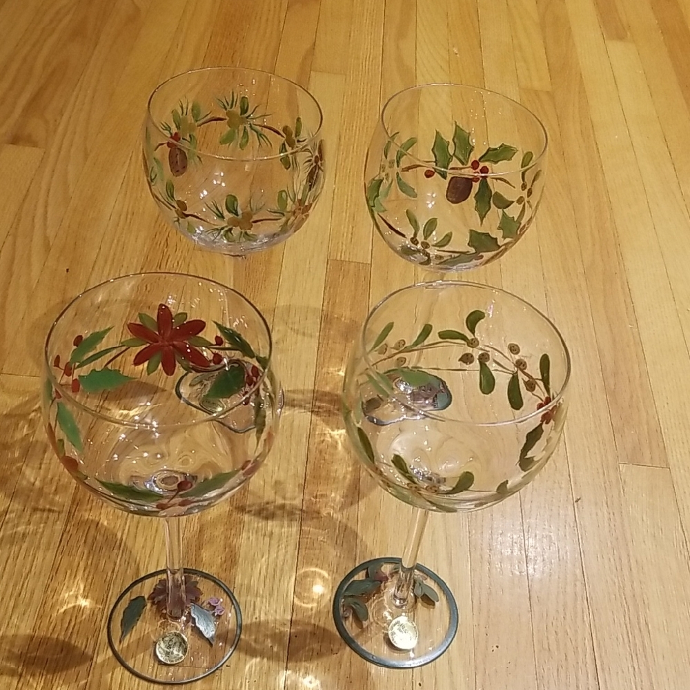 Festive BLOCK CRYSTAL Handpainted Large Holiday Wine Glasses Set